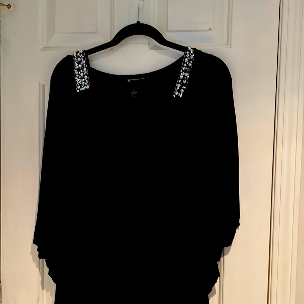 Black sheer blouse with tank and rhinestones